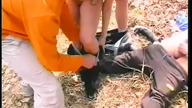 Hot babe in the woods getting her cunt waxed after sucking cocks then creamed