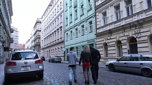 Hot blonde enjoys a wild threesome with a thick pole