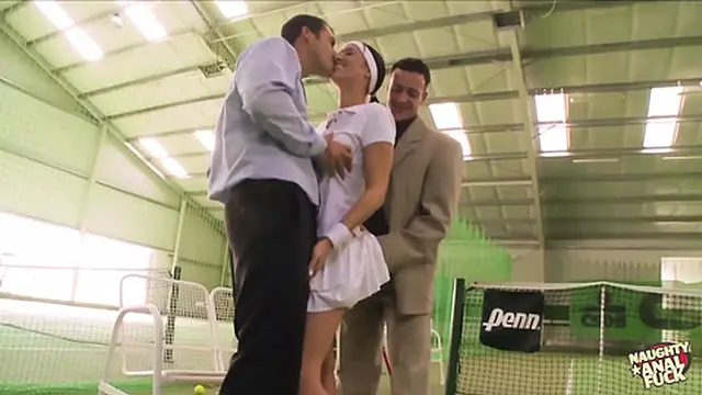 Dark-haired tennis star savors intense three-way action on the court with rough anal👌 play