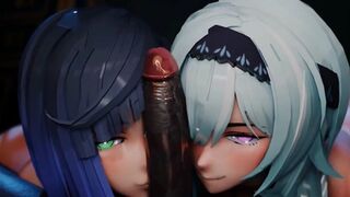 Yelan, Eula, Hilichurl Threesome Blowjob, Cum Swap, and Kiss Hentai 3D Sex