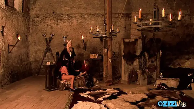 Bossy queen uses her lesbian slaves to get off hard