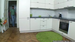 Virgin Russian Girl Gets Fucked First Time Ever by Two Guys in the Kitchen