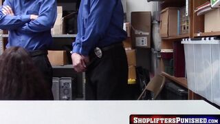 Cum hungry teen servicing two guards taking turns on her mouth
