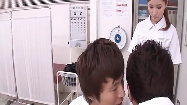 Japanese Nurse Masturbates in Front of a Patient While Doctor Plays with Her Tits