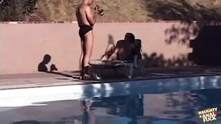 Four-way sex pool party ends with assfucked buttplay, sloppy blowjob, and cumshot finale