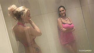 Shower threesomes are popular among blonde and brunette milfs with big tits and shaved pussies