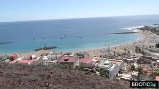 German Blonde Horny MILF Outdoor Threesome Fuck with Two Hard Cocks