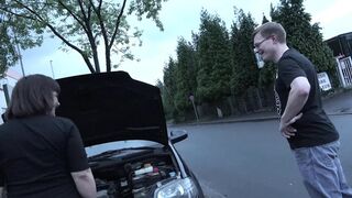 Babe gets mouthful of cumshot after sucking and fucking two cocks