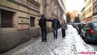 From Street to Bed, Hot Girl With Skinny Body Gets Double Fucked by Two Guys and Milks the Cocks