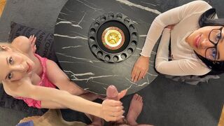 Cum Challenge Threesome CFNM for Christmas and Fun with Balls Playing and Accidental Ruined Orgasm