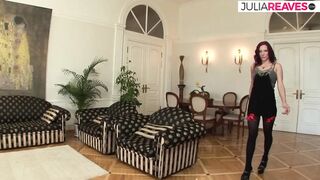 Horny MILF fucks pussy with a huge dildo while a hard cock thrusts her ass