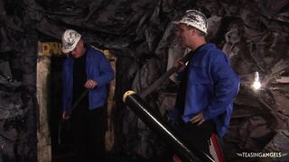 Coal miners get to fuck a busty brunette slut in a threesome