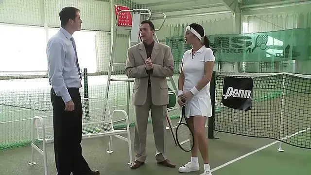 Redhead slut double penetrated on the tennis court