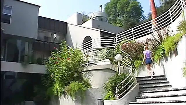 Hot young blonde gets her mouth stuffed with two hard cocks then fucks